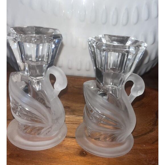 2 Vtg Partylite Candle Holders Swan Crystal Glass Pair Set Lot Hollywood Regency - Picture 1 of 9